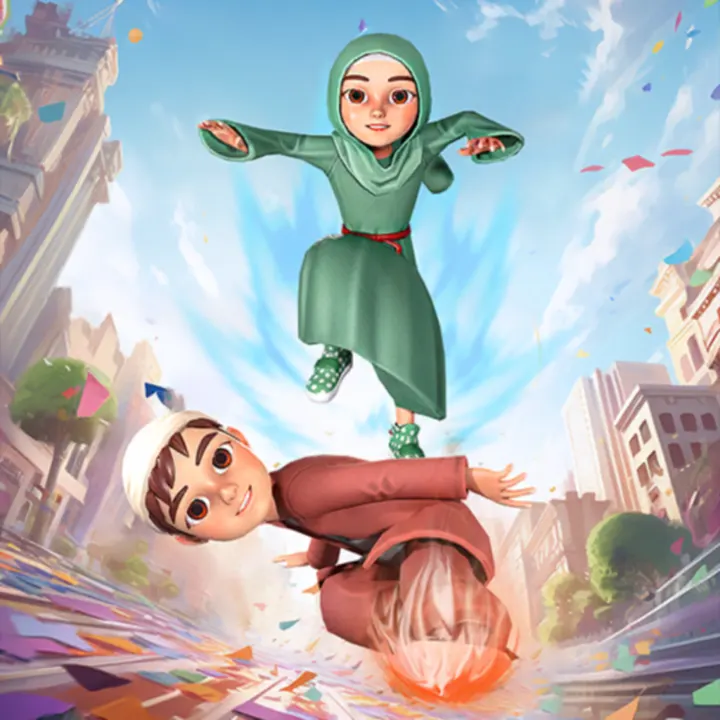 Deen Dash characters leaping through a colourful city