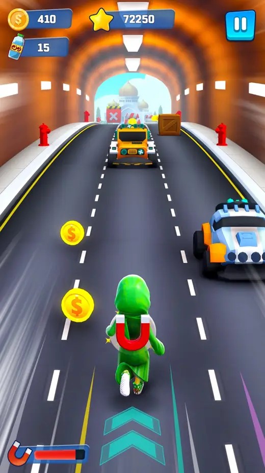 Coin magnet power-up in a tunnel